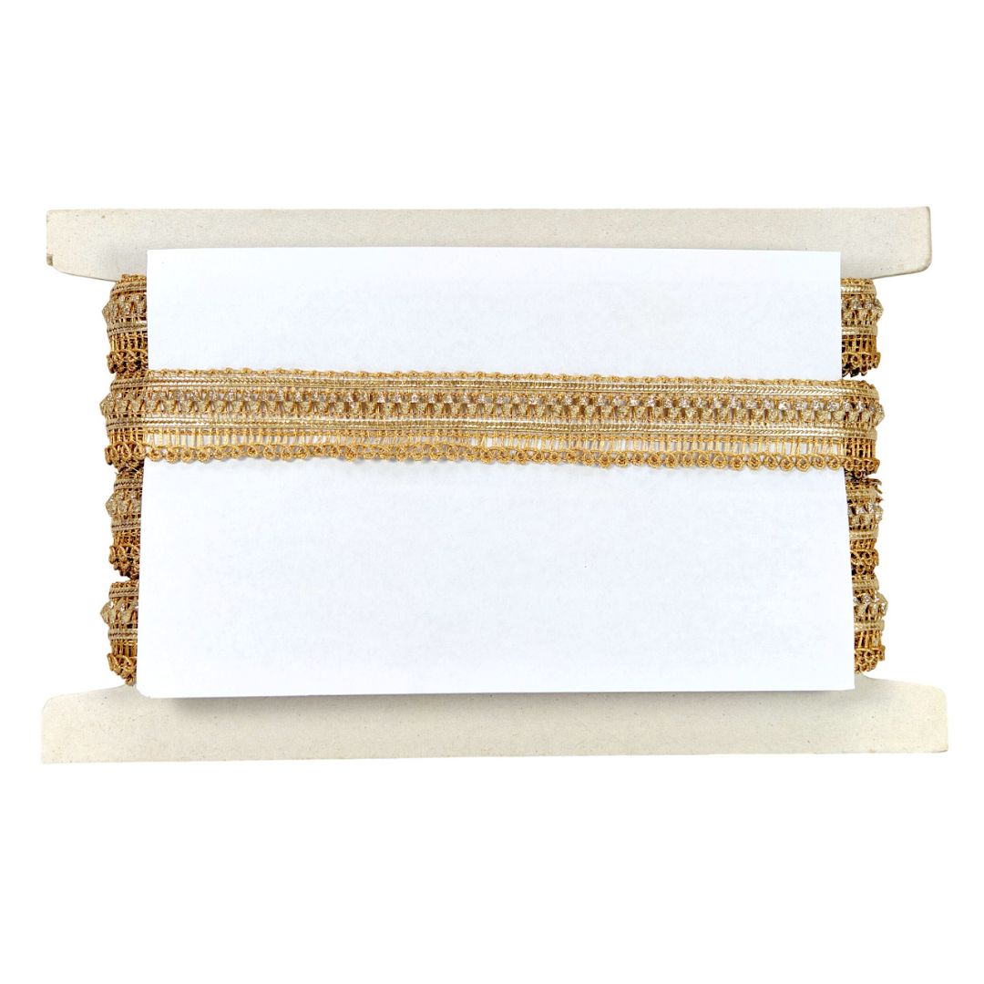 Decorative shelf with marble base and top, gold braided trim in the middle.