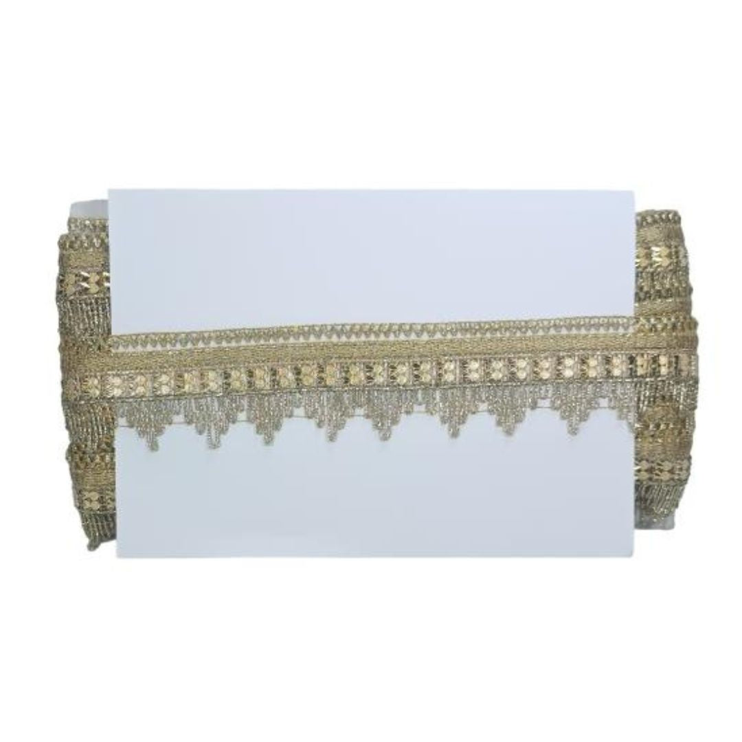 Decorative table runner with gold and beige patterns on a white background