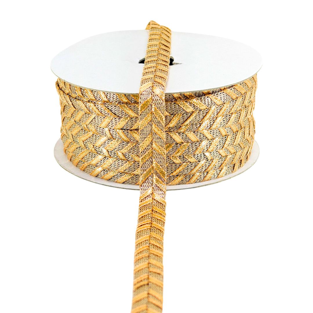 Gold metallic ribbon with a textured pattern on a white background
