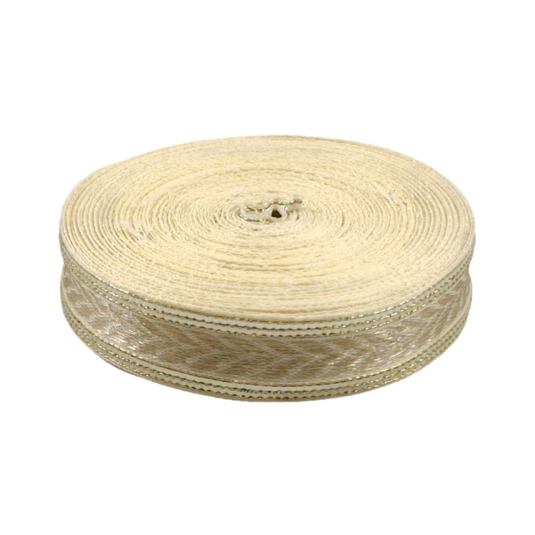 Roll of beige woven tape on a white background