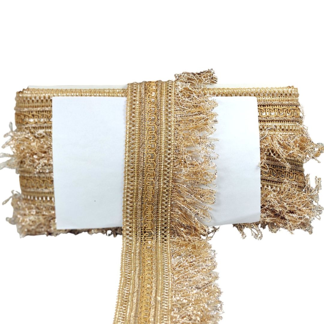 Kurlz 3.50 inch Zari Samosa with Glitter Fur Tassal/Jhalar Lace for Wedding Lehenga, Saree, Dupatta, Cocktail Party Dress, Craft | Size: 9 yards