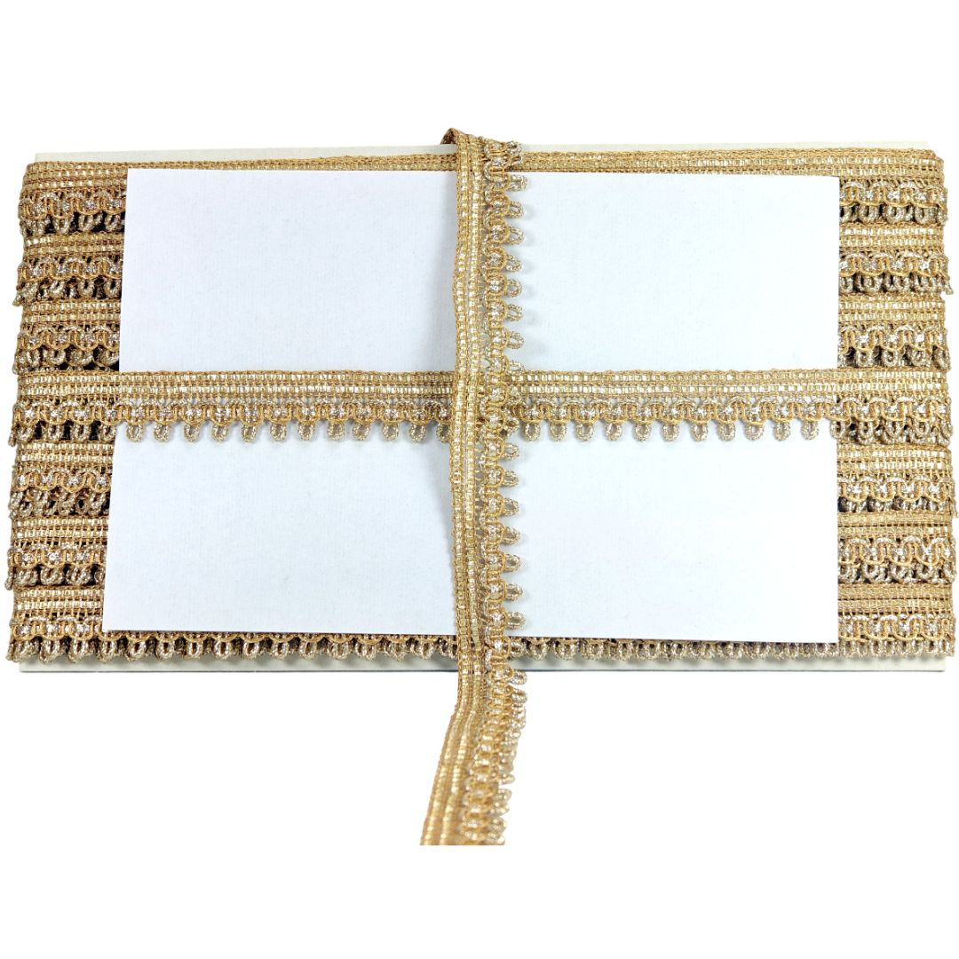 Two pieces of decorative trim with braided gold edge on a white background