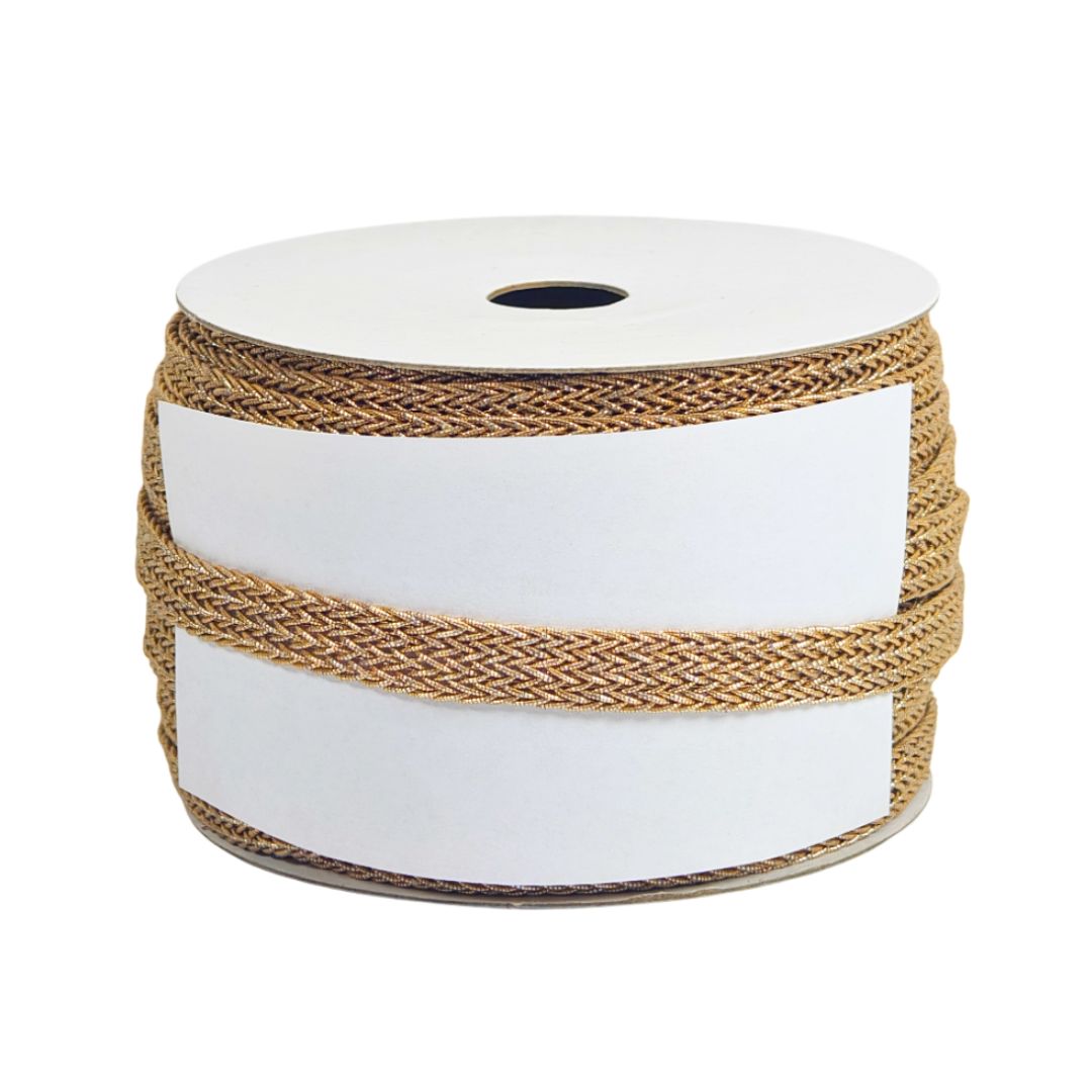 Spool of white ribbon with brown jute wrap on a white background