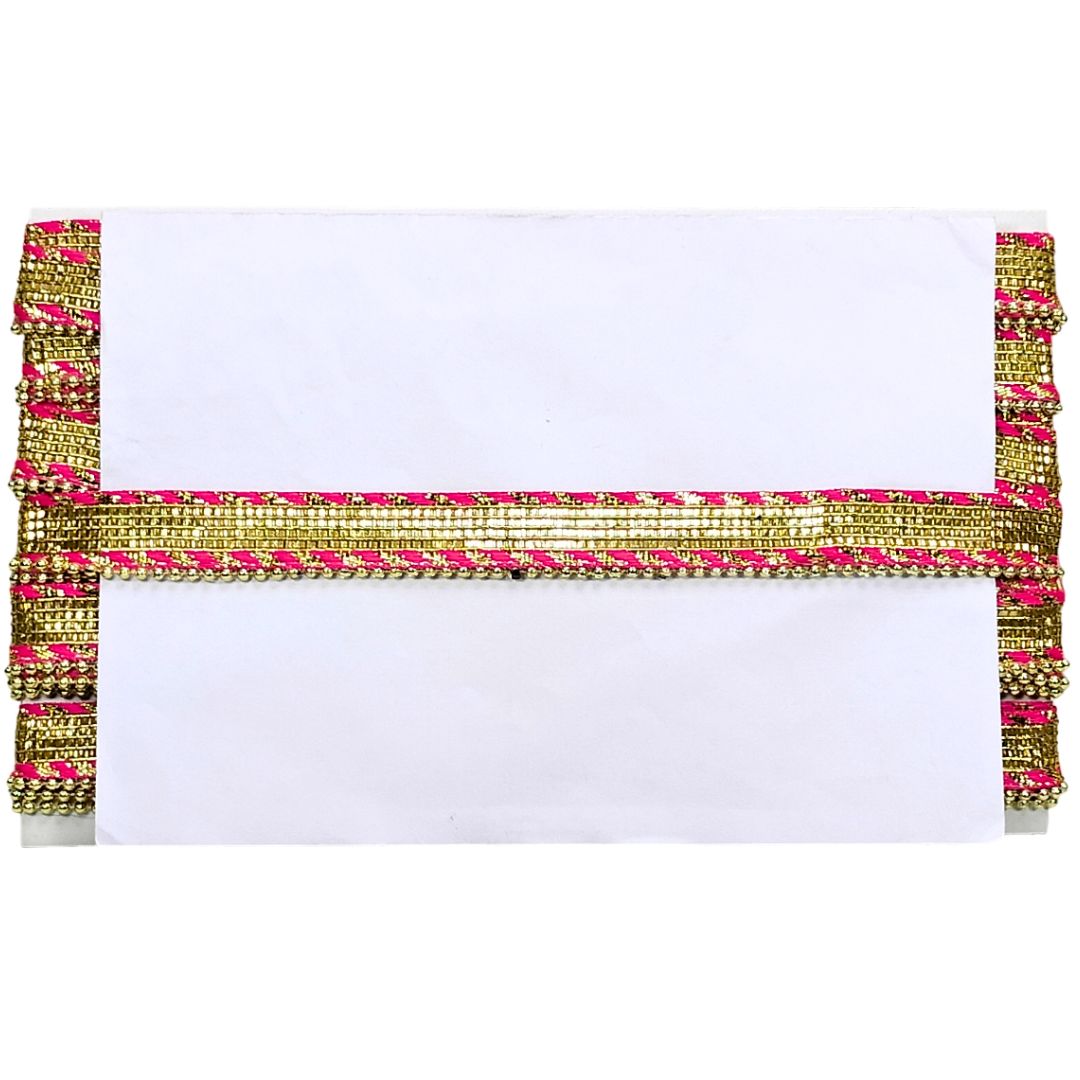 Decorative gold and pink border on a white background