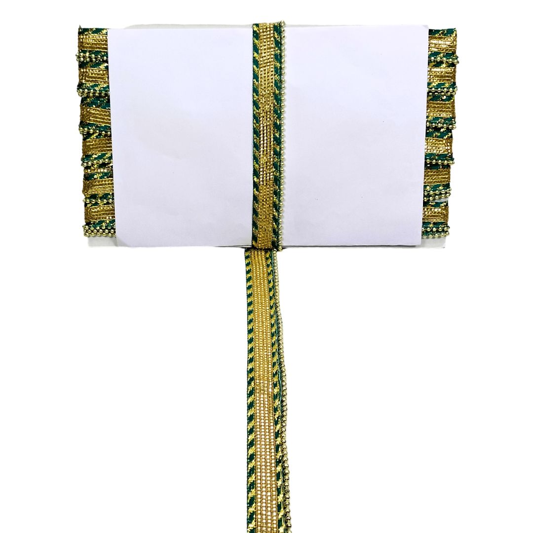 White box with green and gold decorative ribbons on a white background