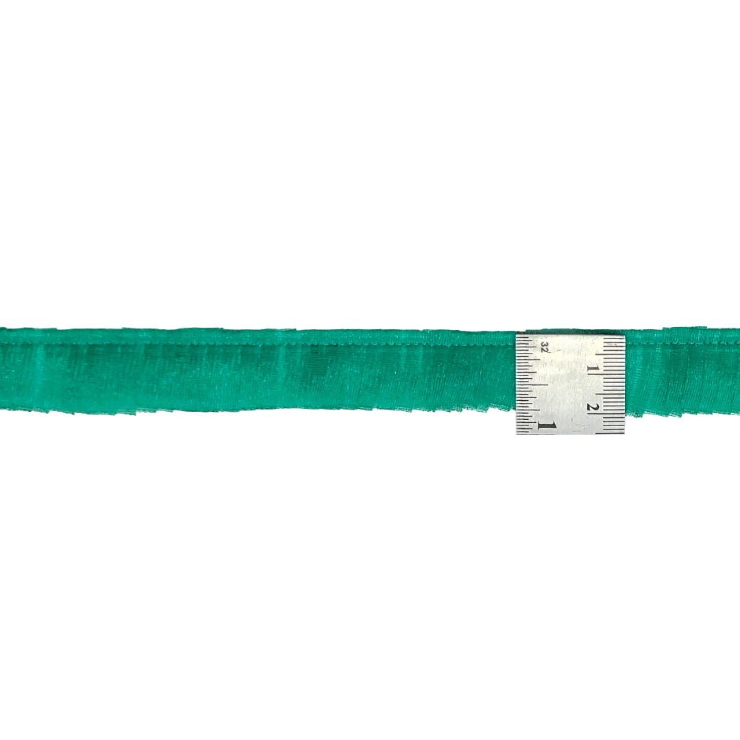 Teal ribbon with a silver ruler on a white background