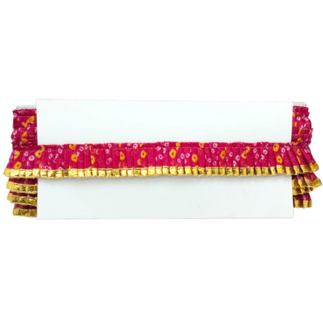 Decorative valance with pink and yellow floral pattern on a white background
