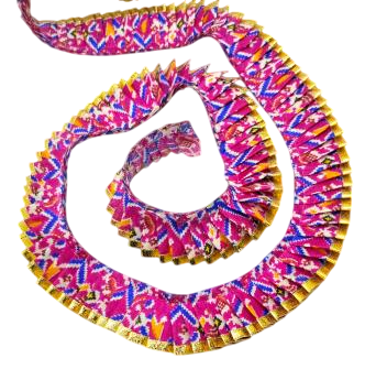 Colorful snake-shaped object with a pattern on a white background