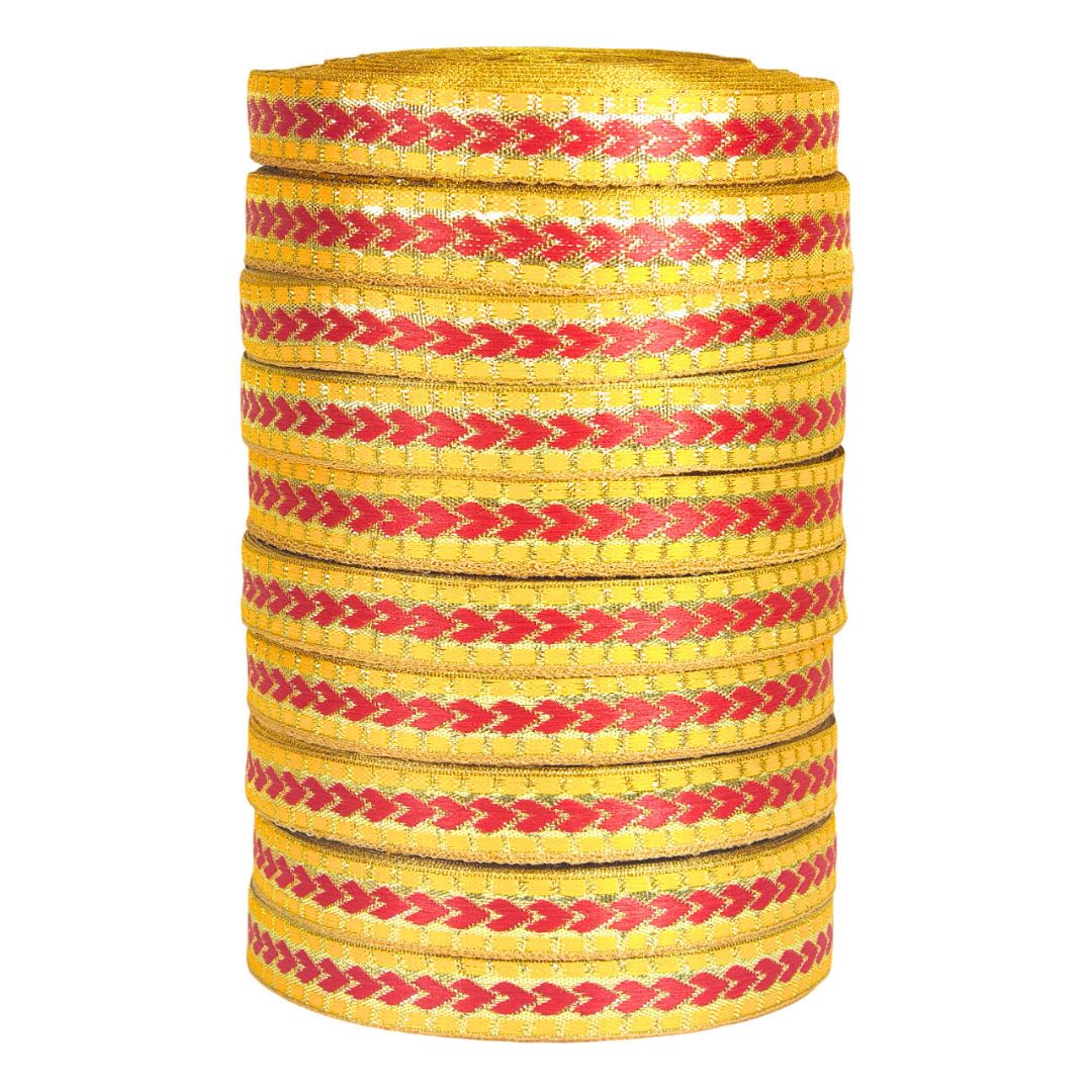 Stack of yellow and red bangles on a white background