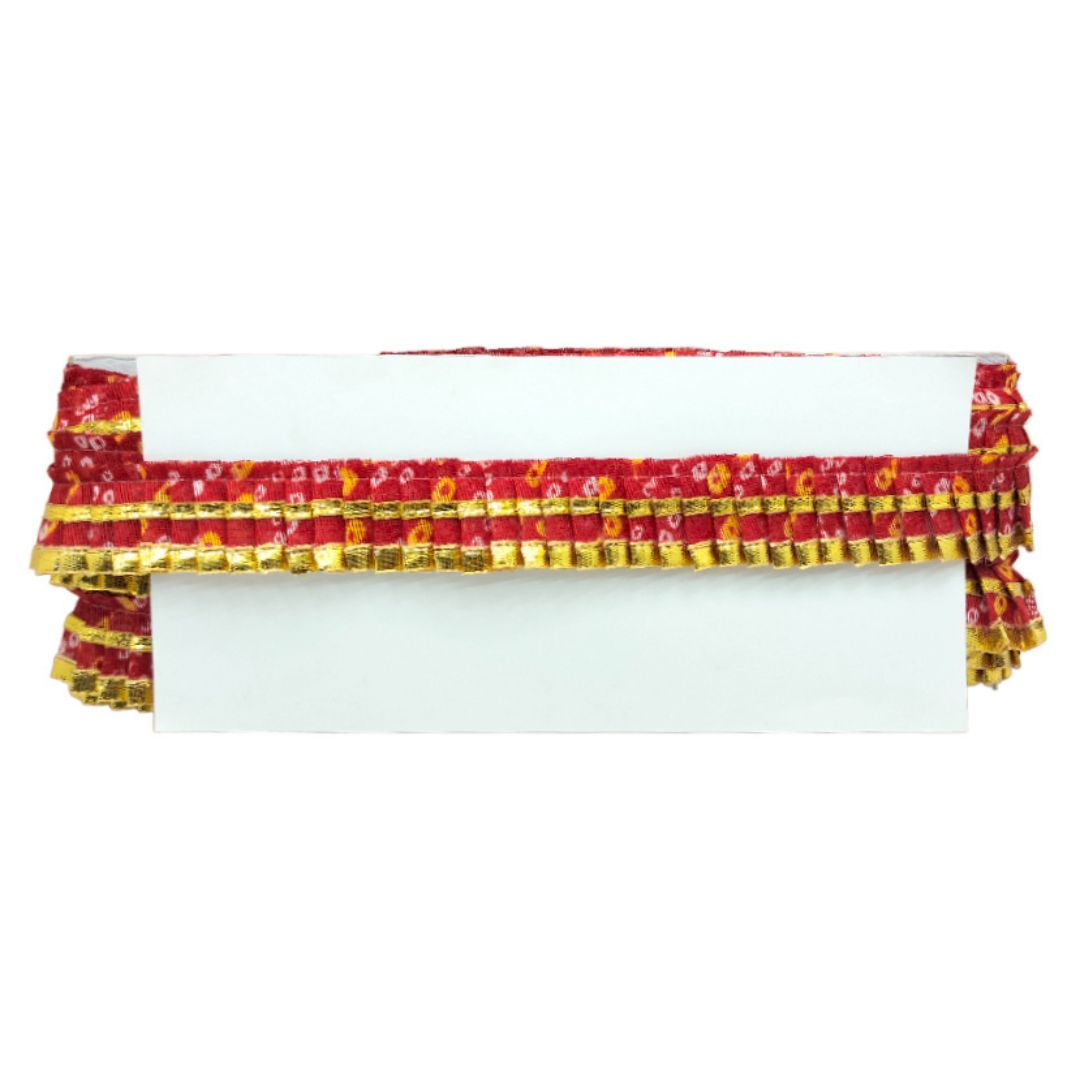 Decorative red and gold ruffled trim on a white background