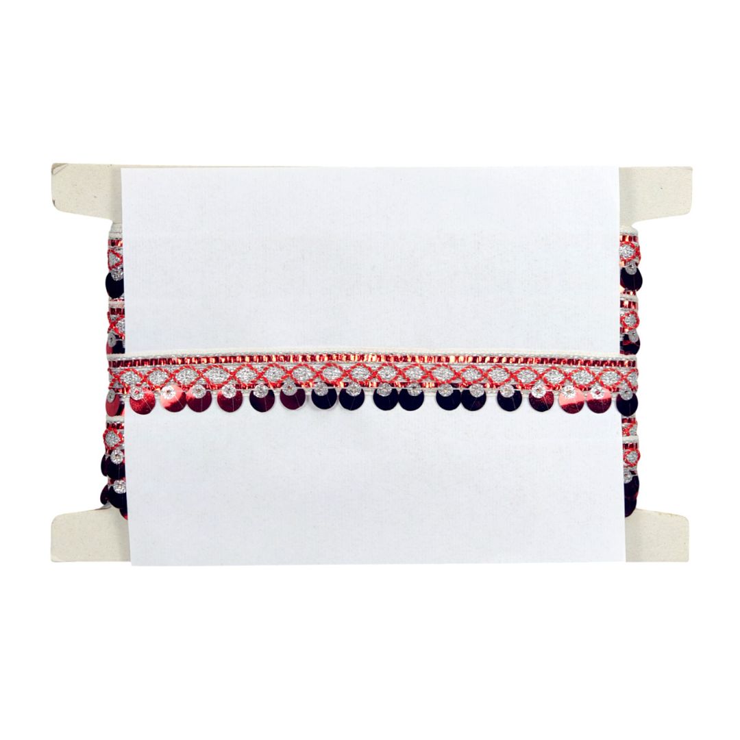 Decorative headband with red and black beads on a white background