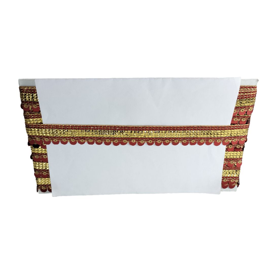 White rectangular card with decorative red and gold border on a white background