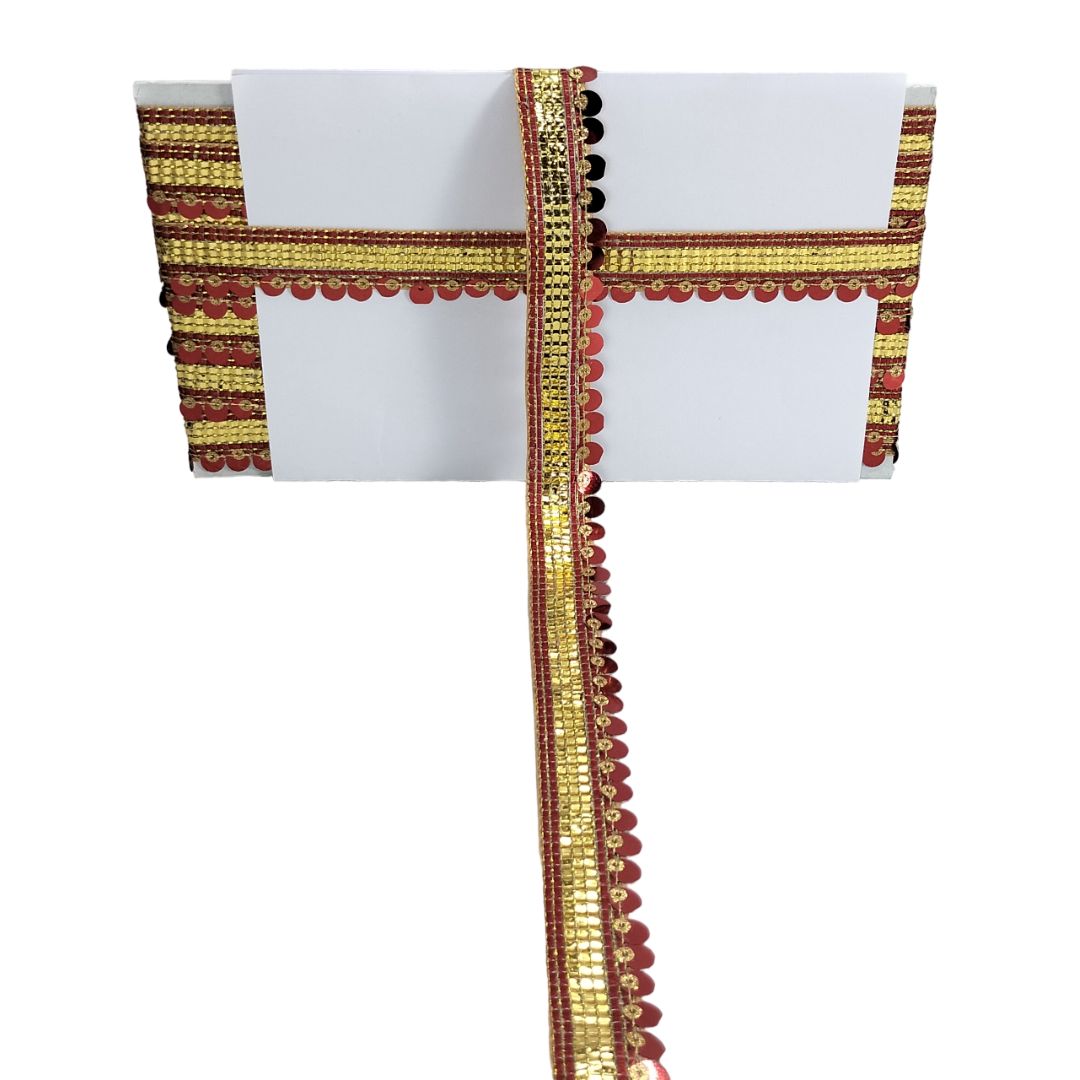 Decorative border with gold and red patterns on a white background