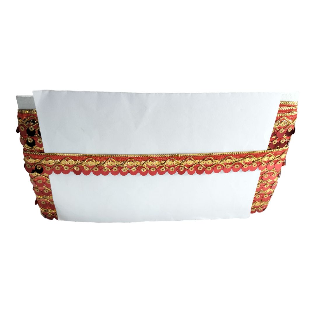 White pouch with red and gold decorative trim on a white background