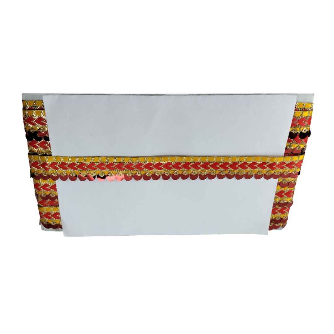 White pouch with colorful decorative trim on a white background