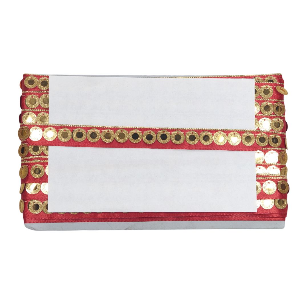White pouch with red and gold decorative border on a white background