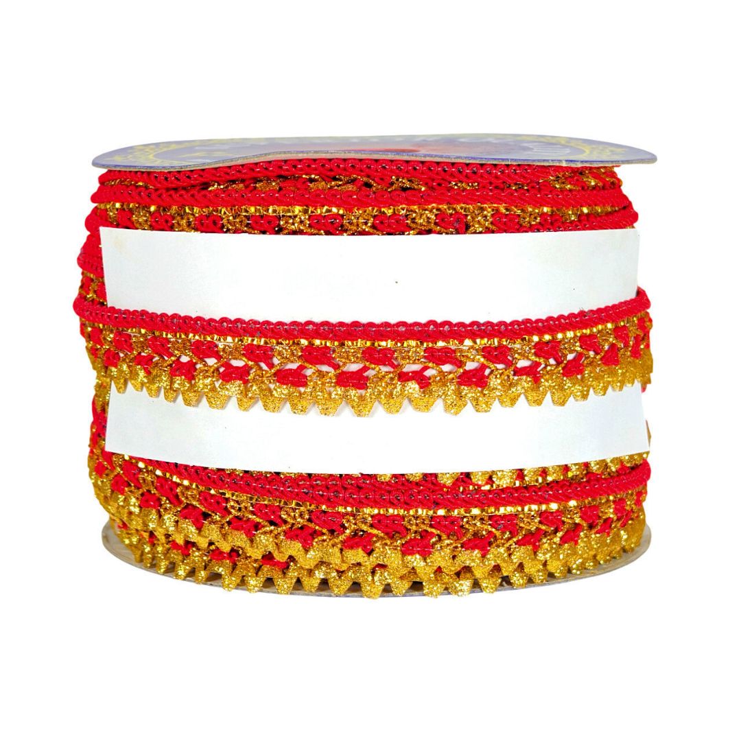 Red and gold decorative ribbon on a white background