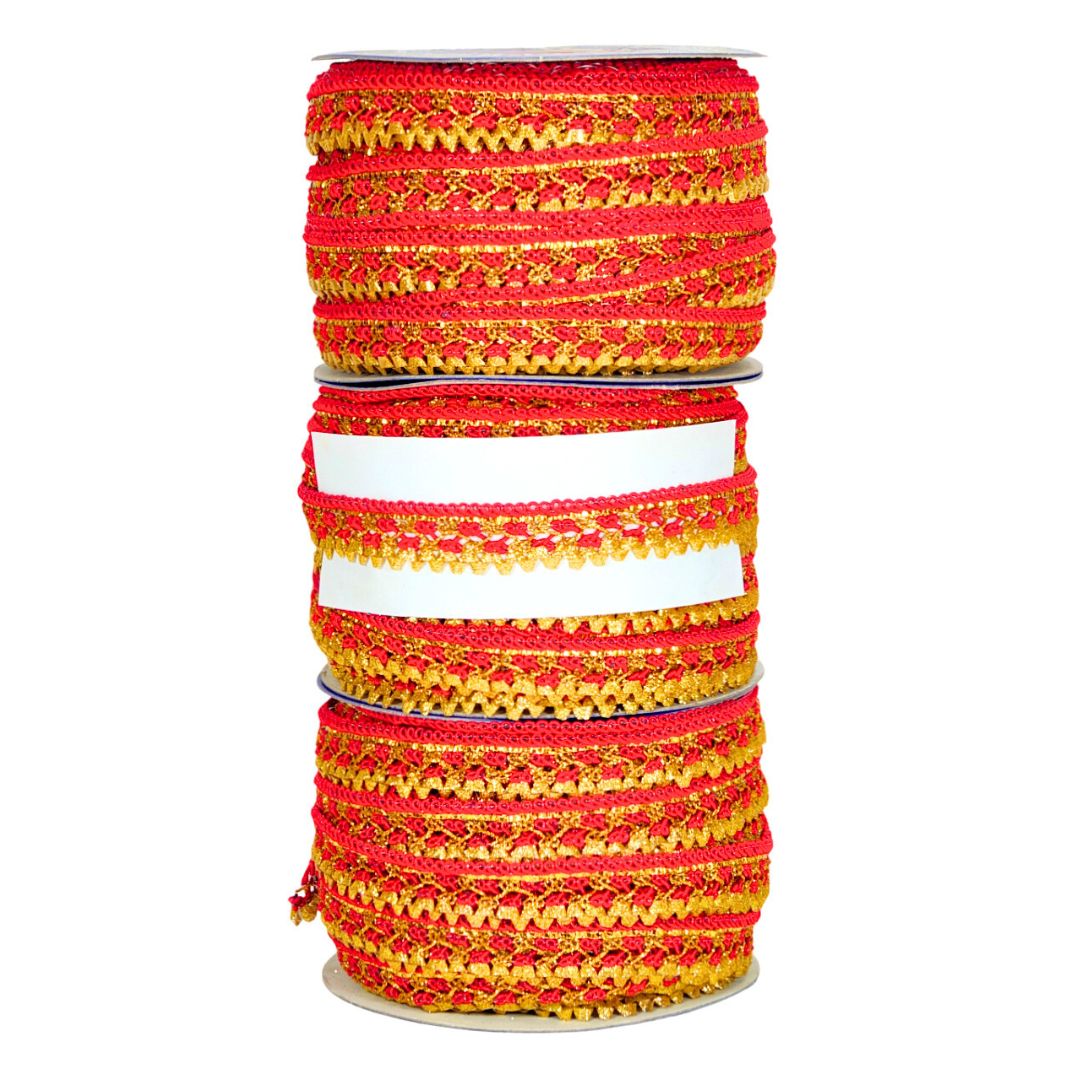 Stack of red and yellow bangles on a white background