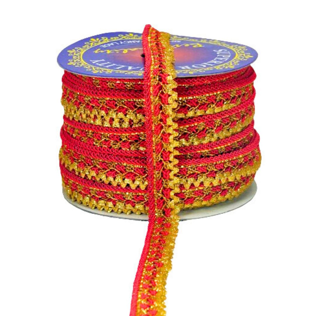 Spool of red and gold braid with a visible brand label on a white background