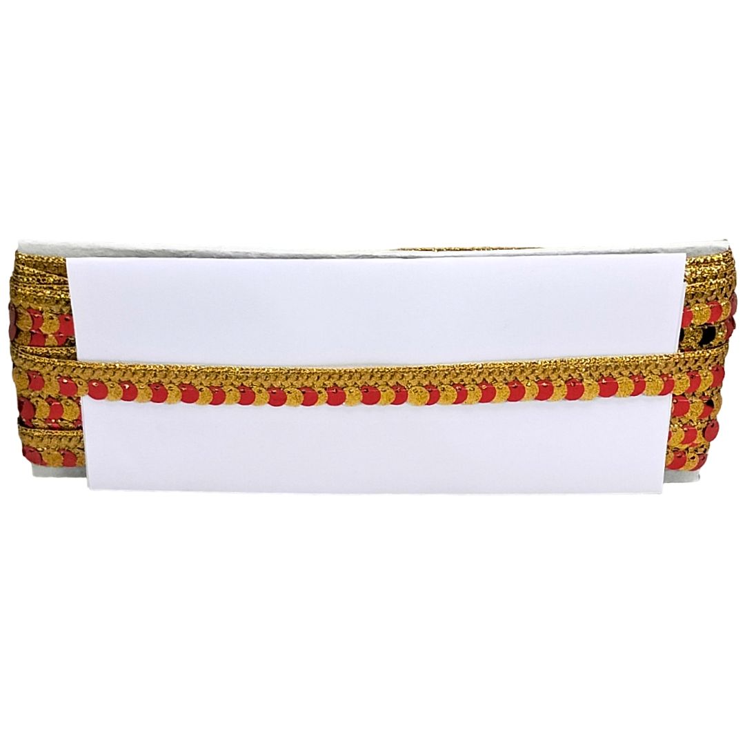 White pouch with gold and red decorative band on a white background