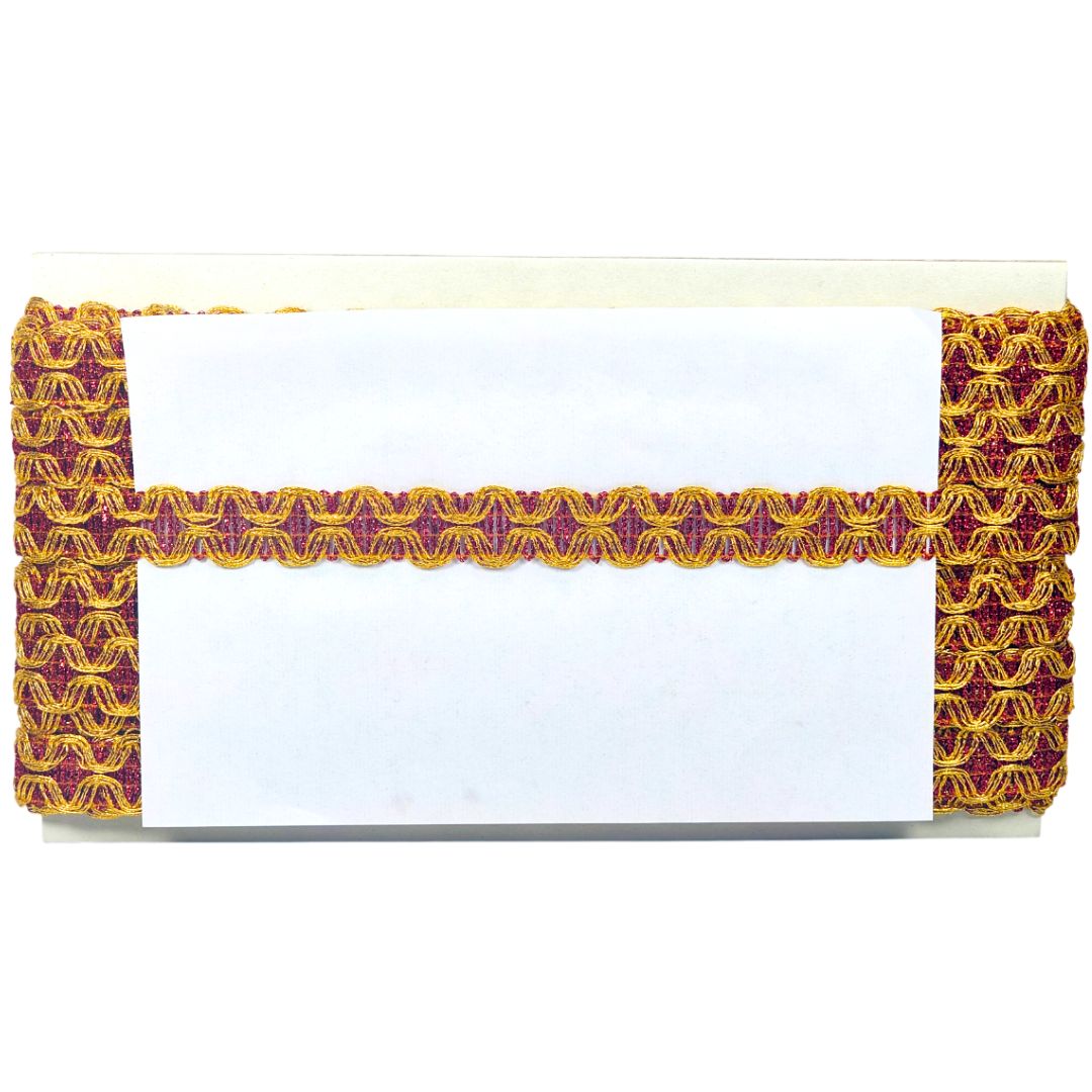 White card with gold and red decorative border on a white background