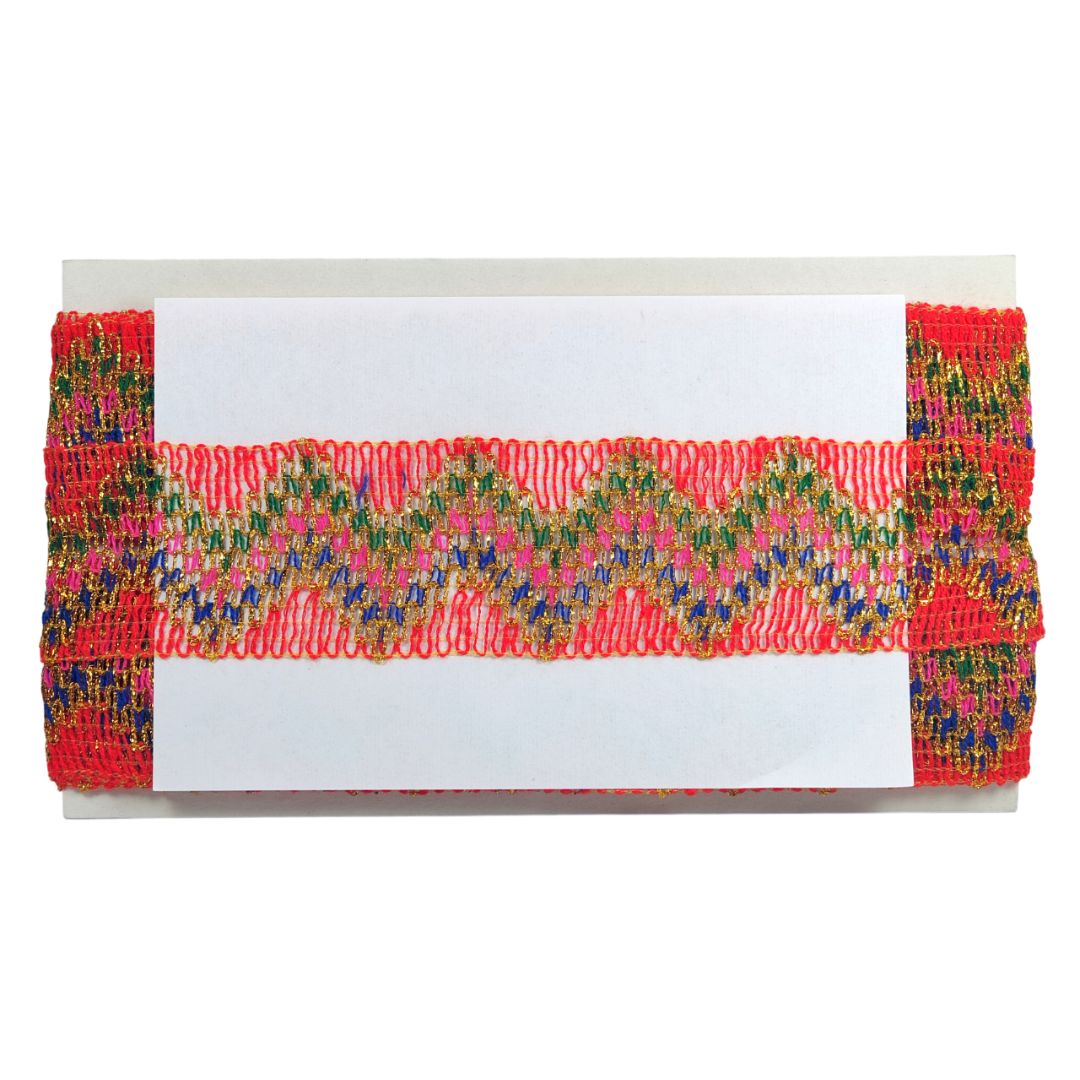 Colorful woven band with a geometric pattern on a white background