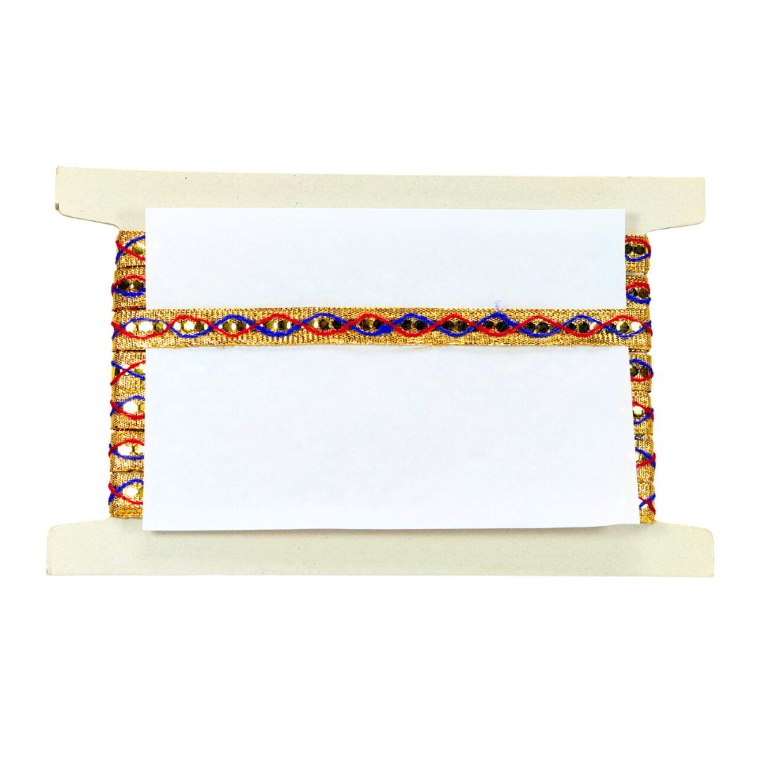 Decorative stand with colorful beads holding a white card on a white background