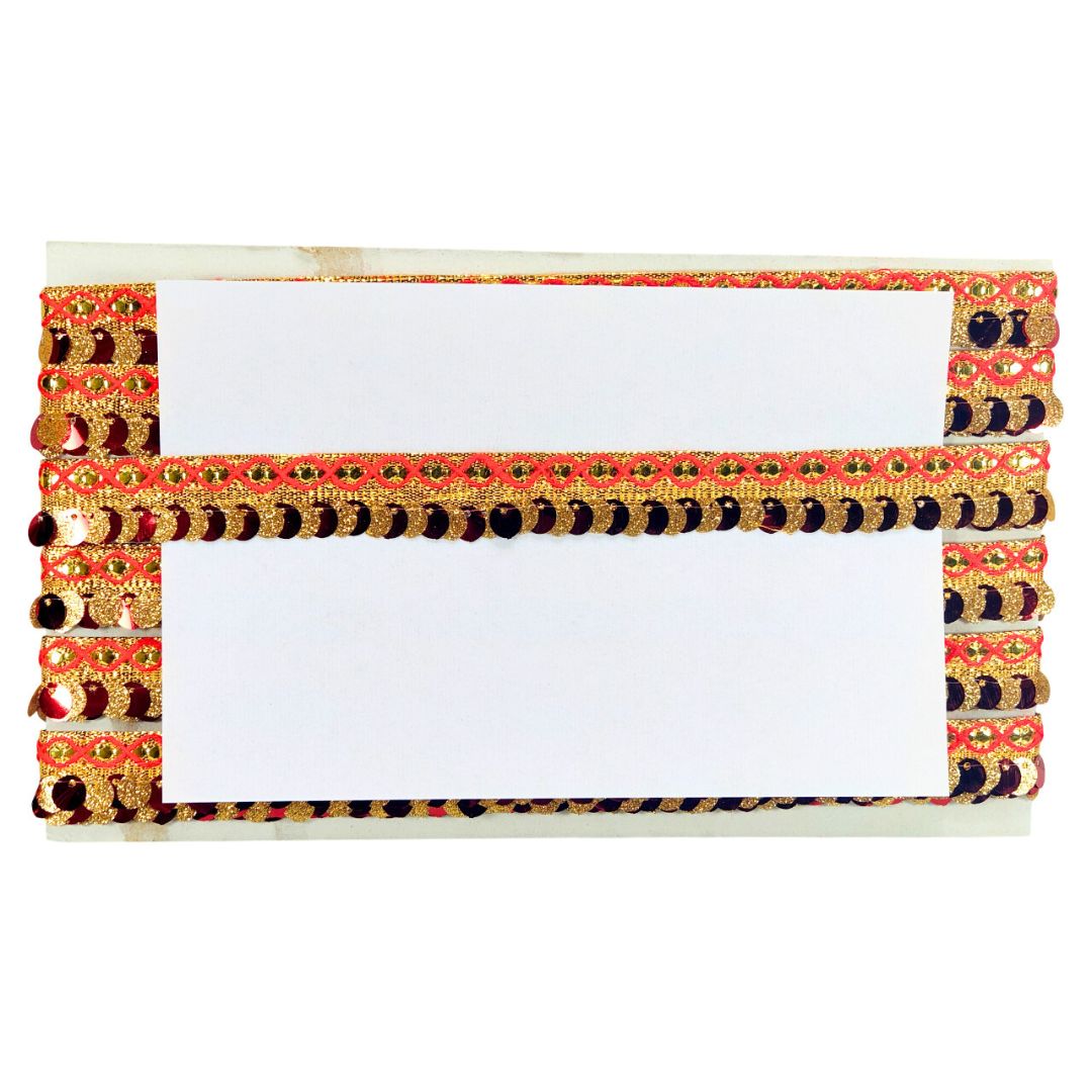 Decorative card with a red and gold border on a white background