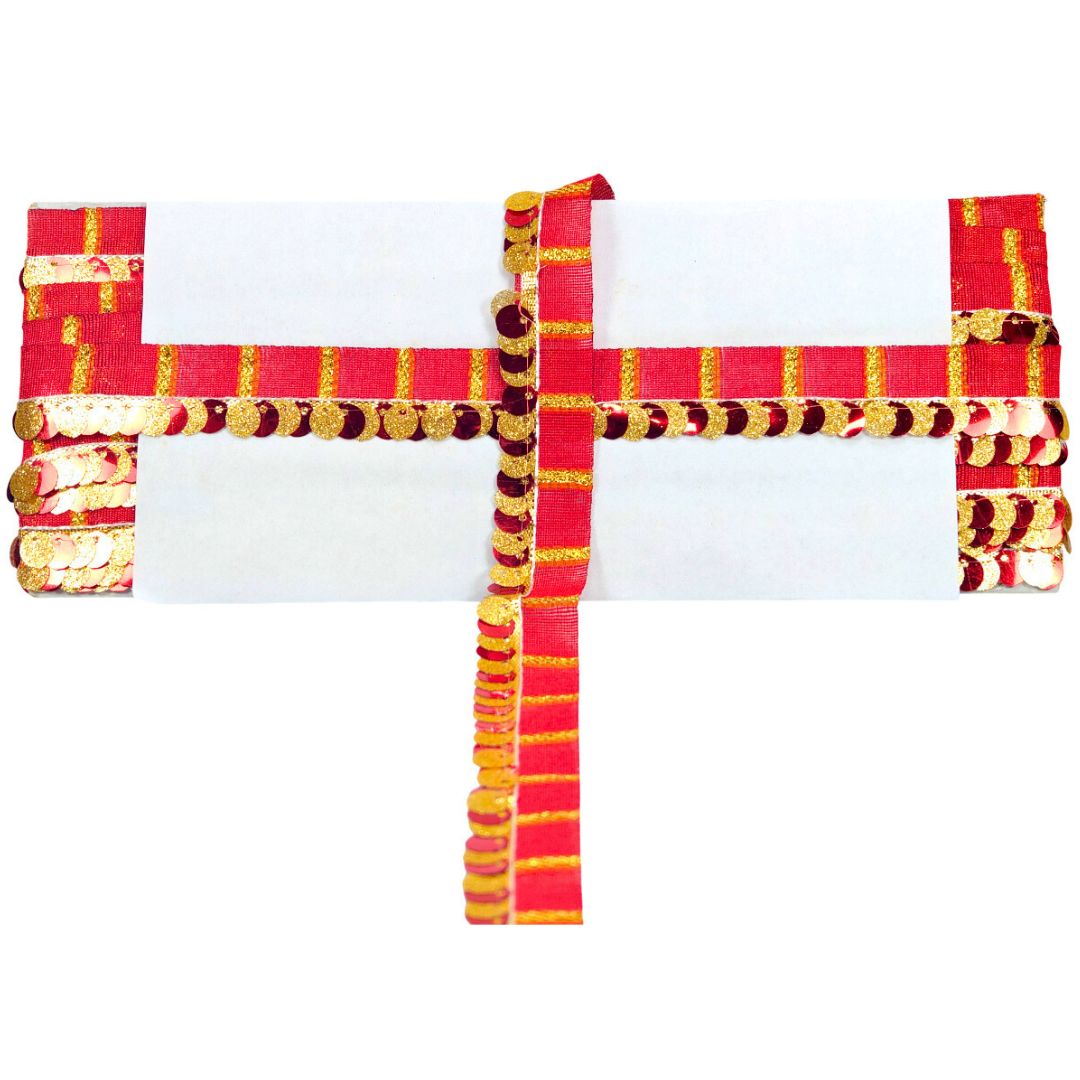 Decorative red and gold belt on a white background