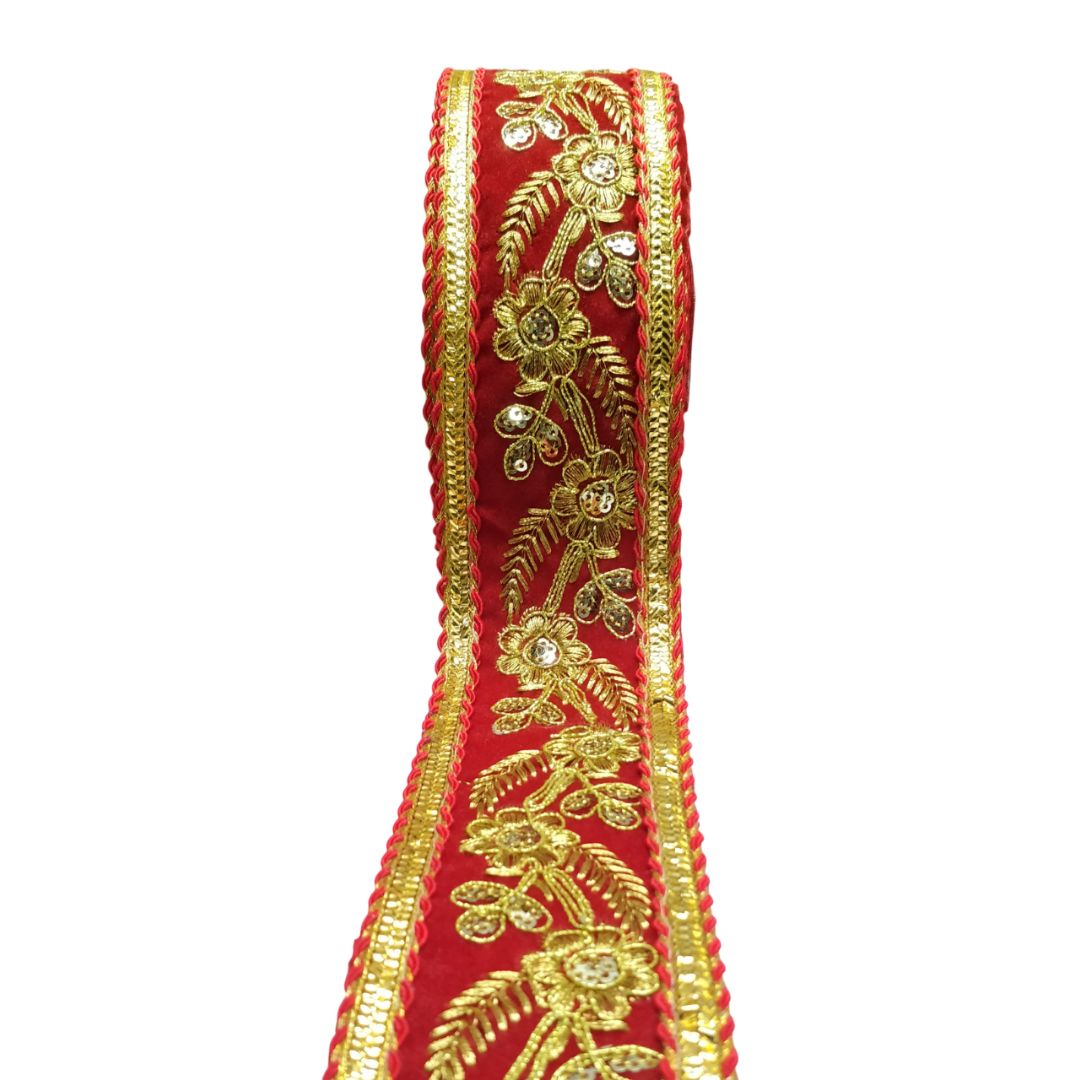 Kurlz 2.50 inch Floral Red Velvet Golden Sequins Embroidery Lace For Saree, Lehenga, Suit, Blouse, Dupatta, Chunri, Wedding Decoration | Size: 9 Yards