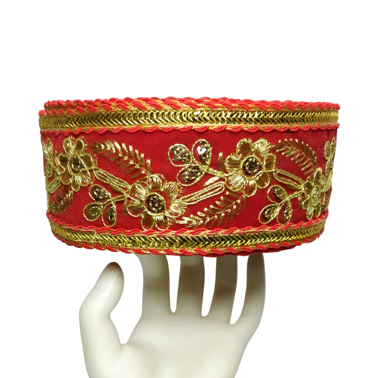 Kurlz 2.50 inch Floral Red Velvet Golden Sequins Embroidery Lace For Saree, Lehenga, Suit, Blouse, Dupatta, Chunri, Wedding Decoration | Size: 9 Yards