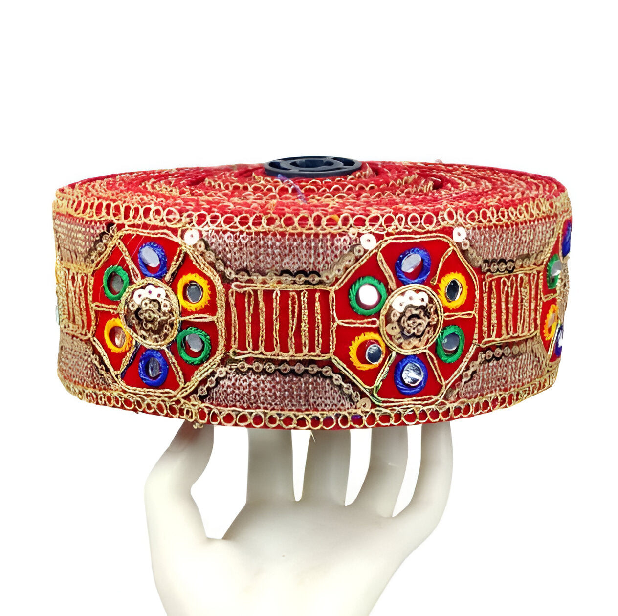 Kurlz 2.75 inch Red Velvet Multy Thread Sequins Embroidery with Mirror Handwork for Ehtnic Saree, Lehenga, Handicraft, Sherwani Stoles | Size: 9 yards