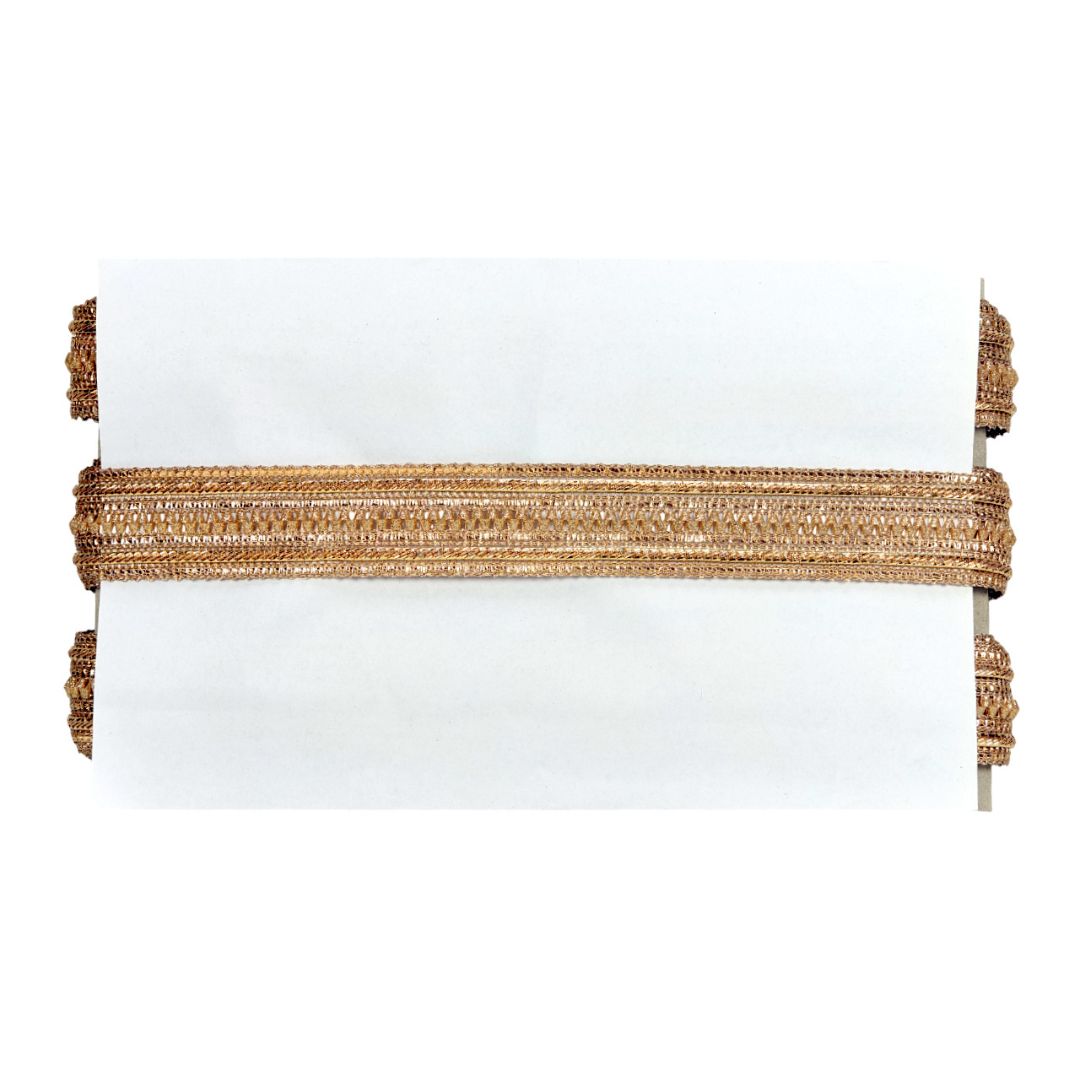 White clutch with gold beaded strap on a white background