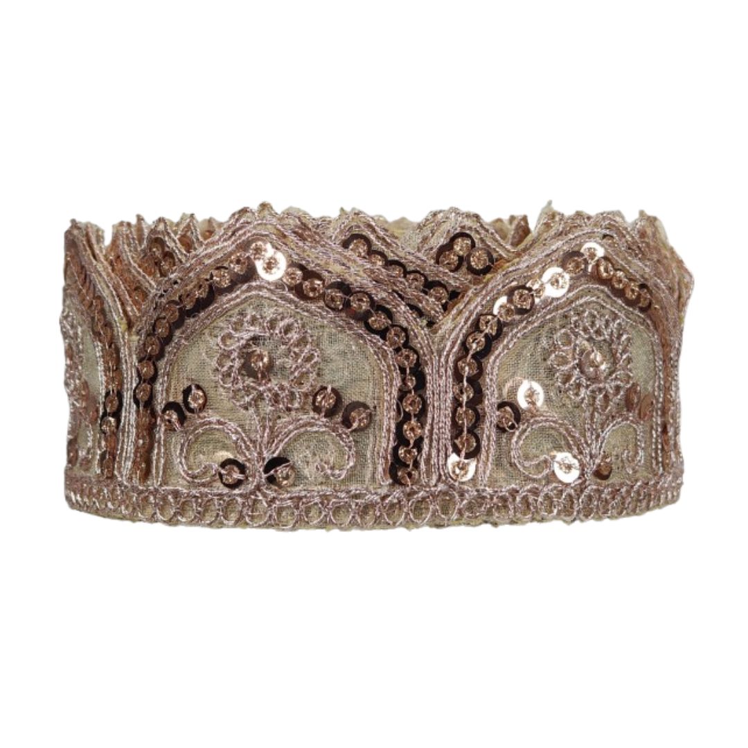 Decorative headband with intricate patterns and sequins on a white background