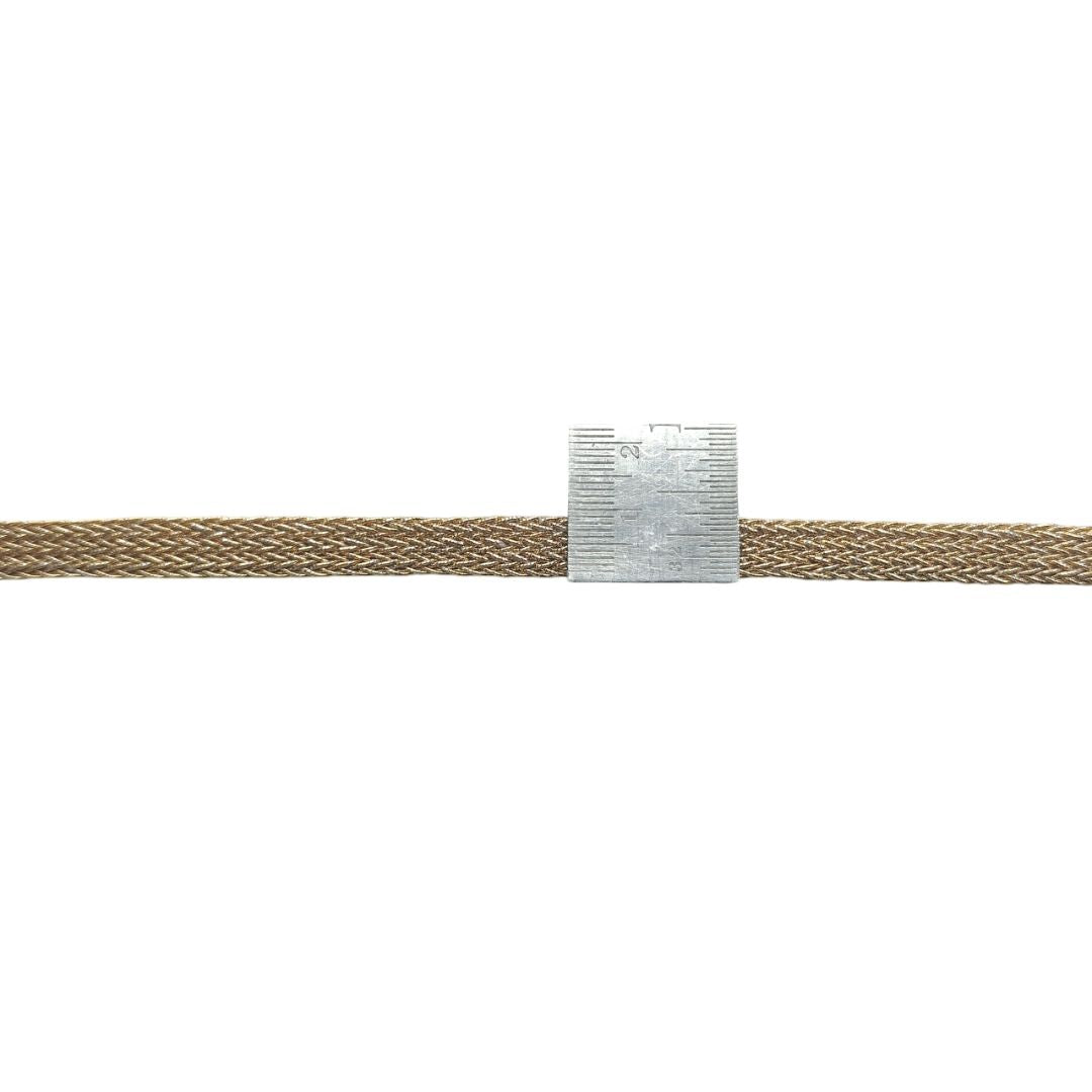 Brown braided cable with a silver metal clip on a white background