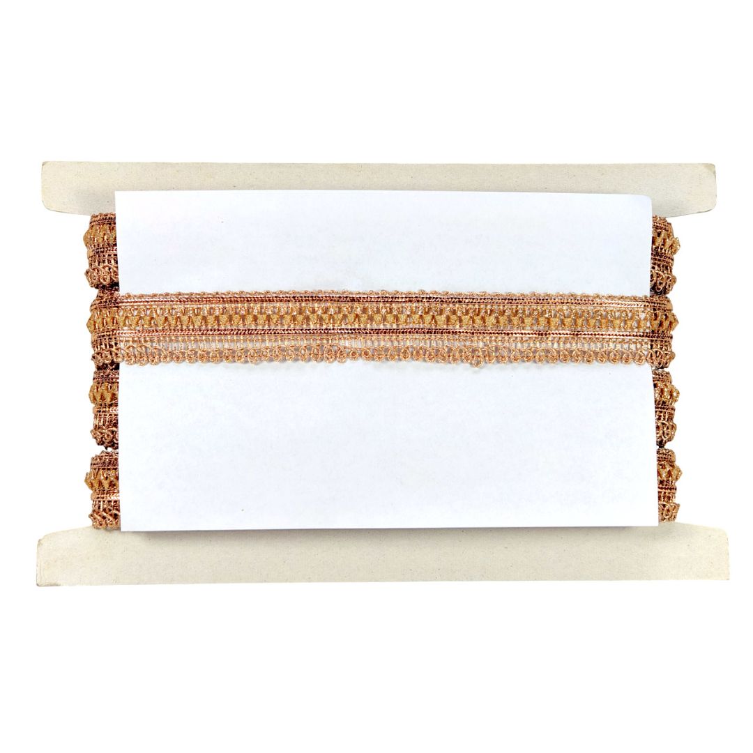 Small table with a white surface and decorative brown trim on a white background