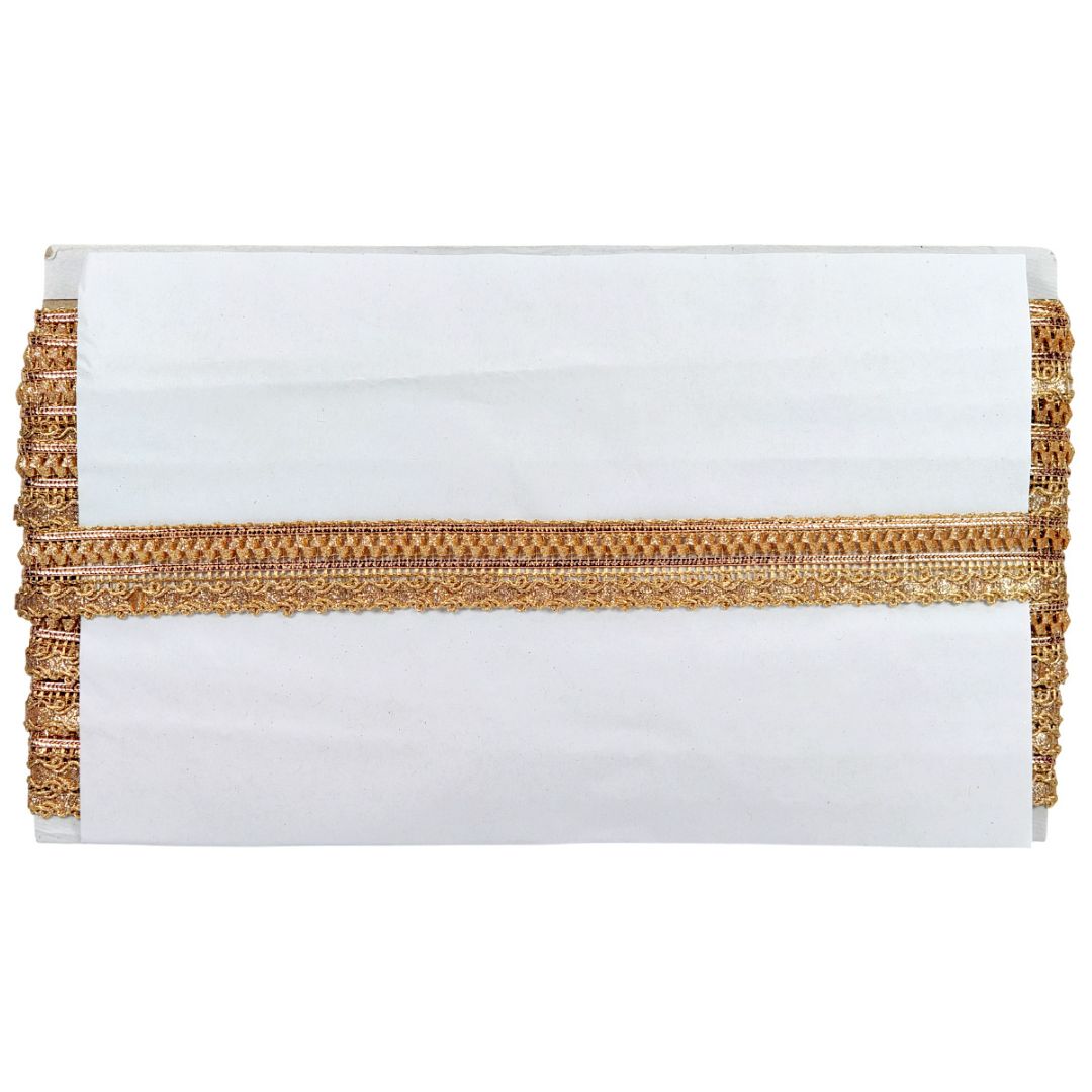 White clutch with gold trim on a white background