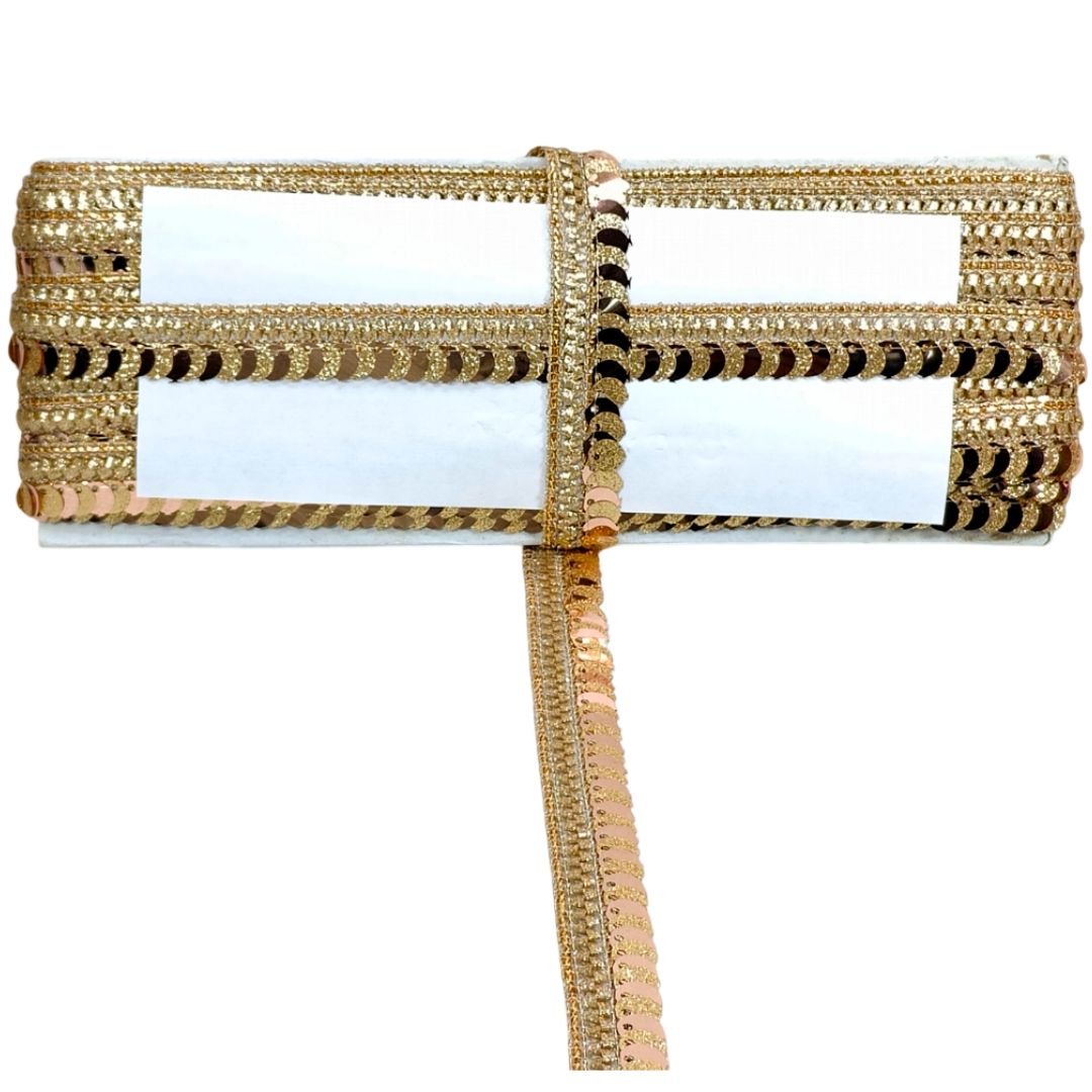 Gold decorative ribbon with a white center on a white background