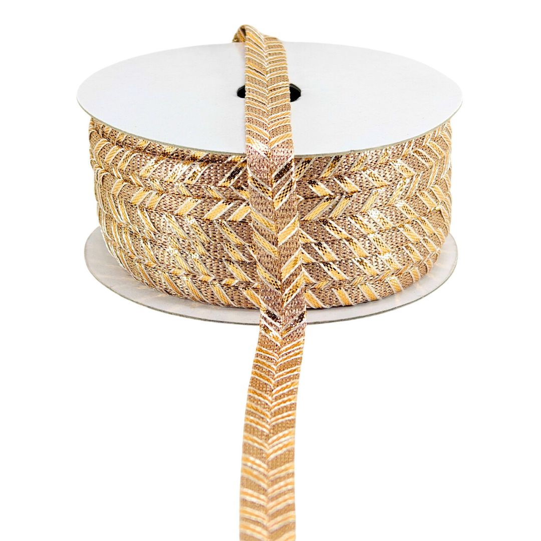 Gold metallic ribbon on a white spool against a white background