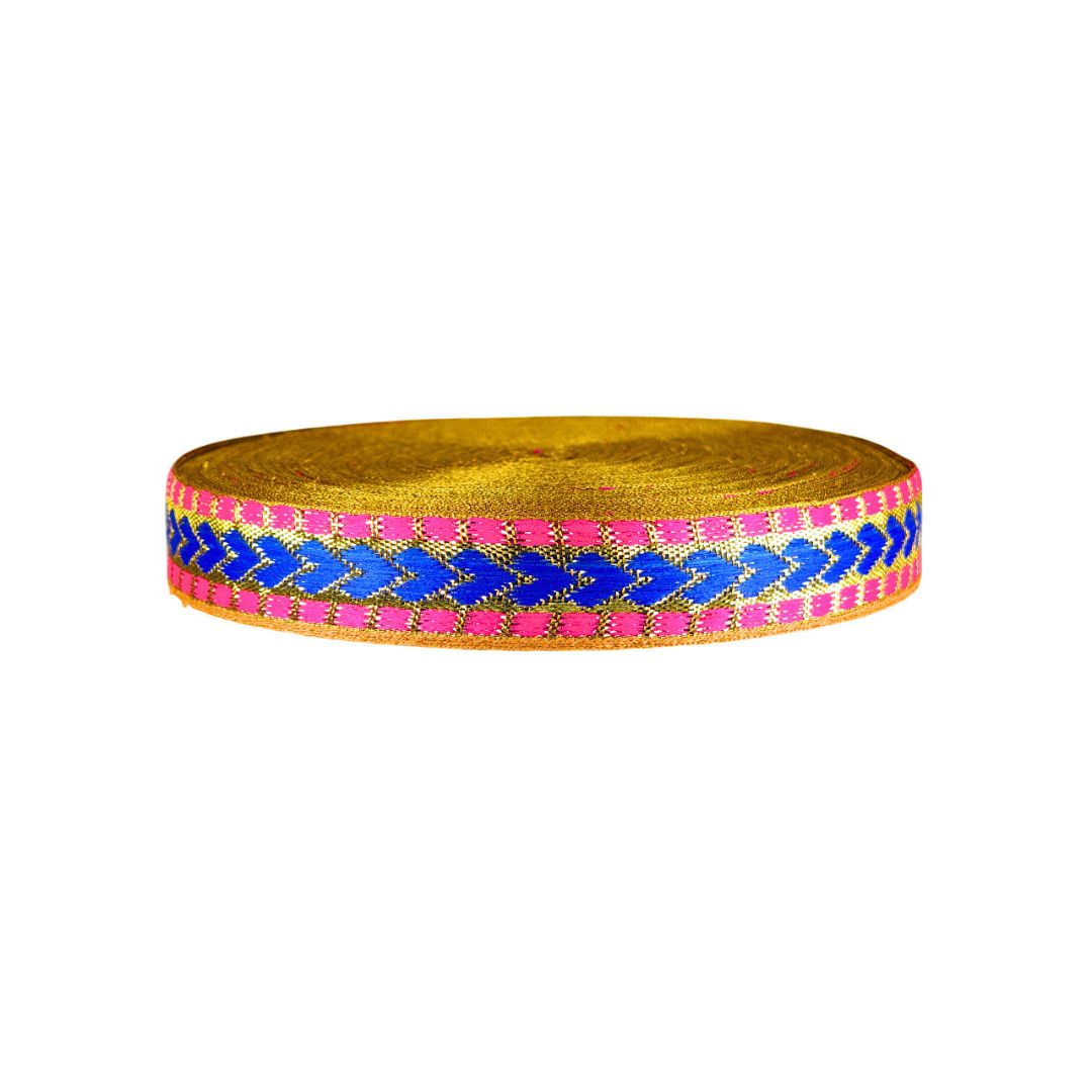 Gold band with blue and pink pattern on a white background