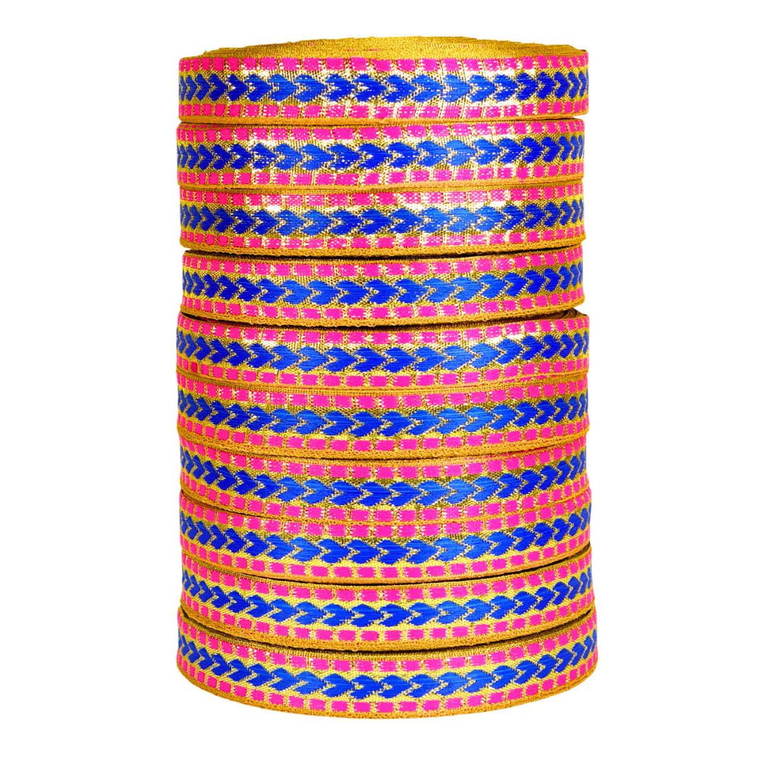 Stack of colorful bangles with pink and blue patterns on a white background