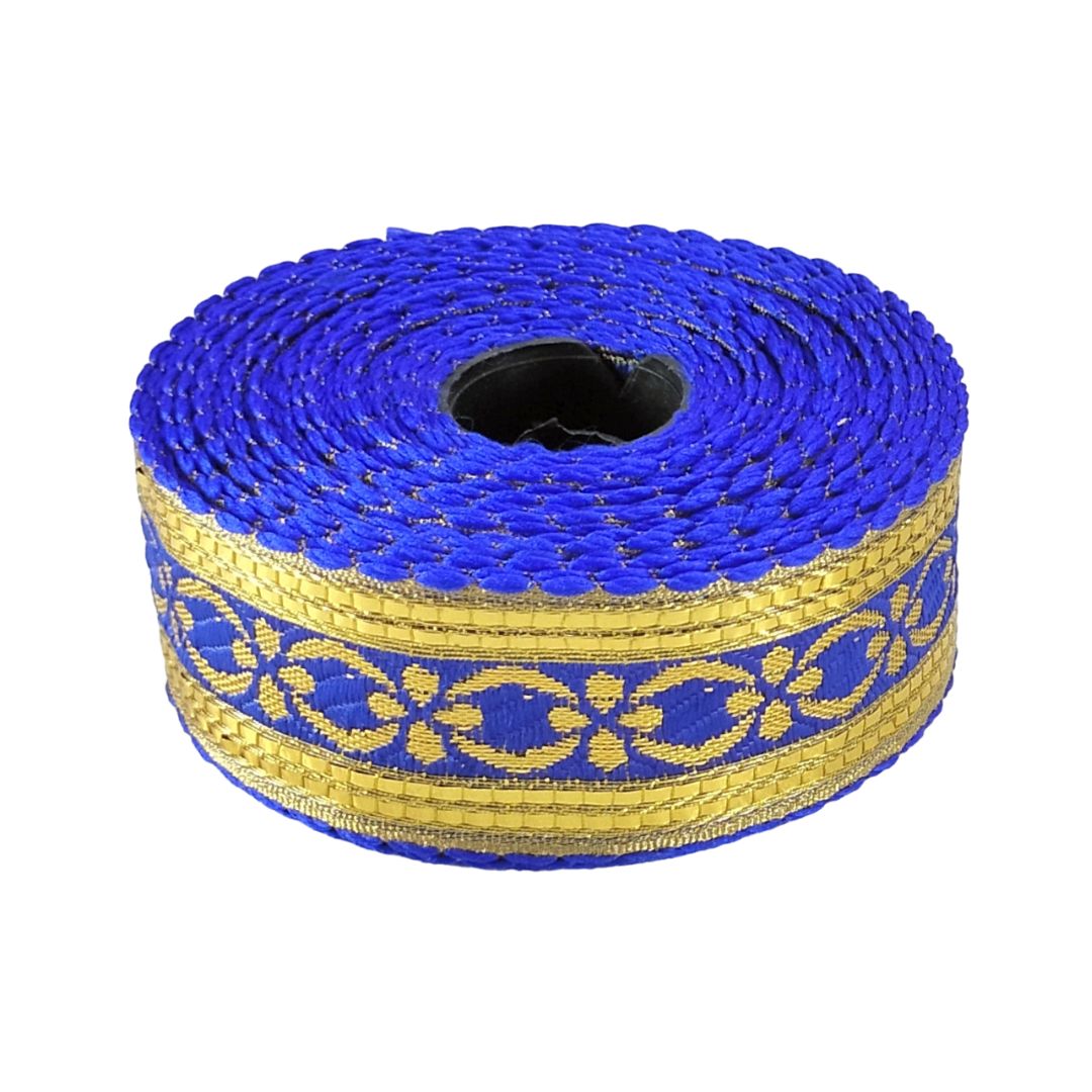 Roll of blue and gold decorative ribbon on a white background