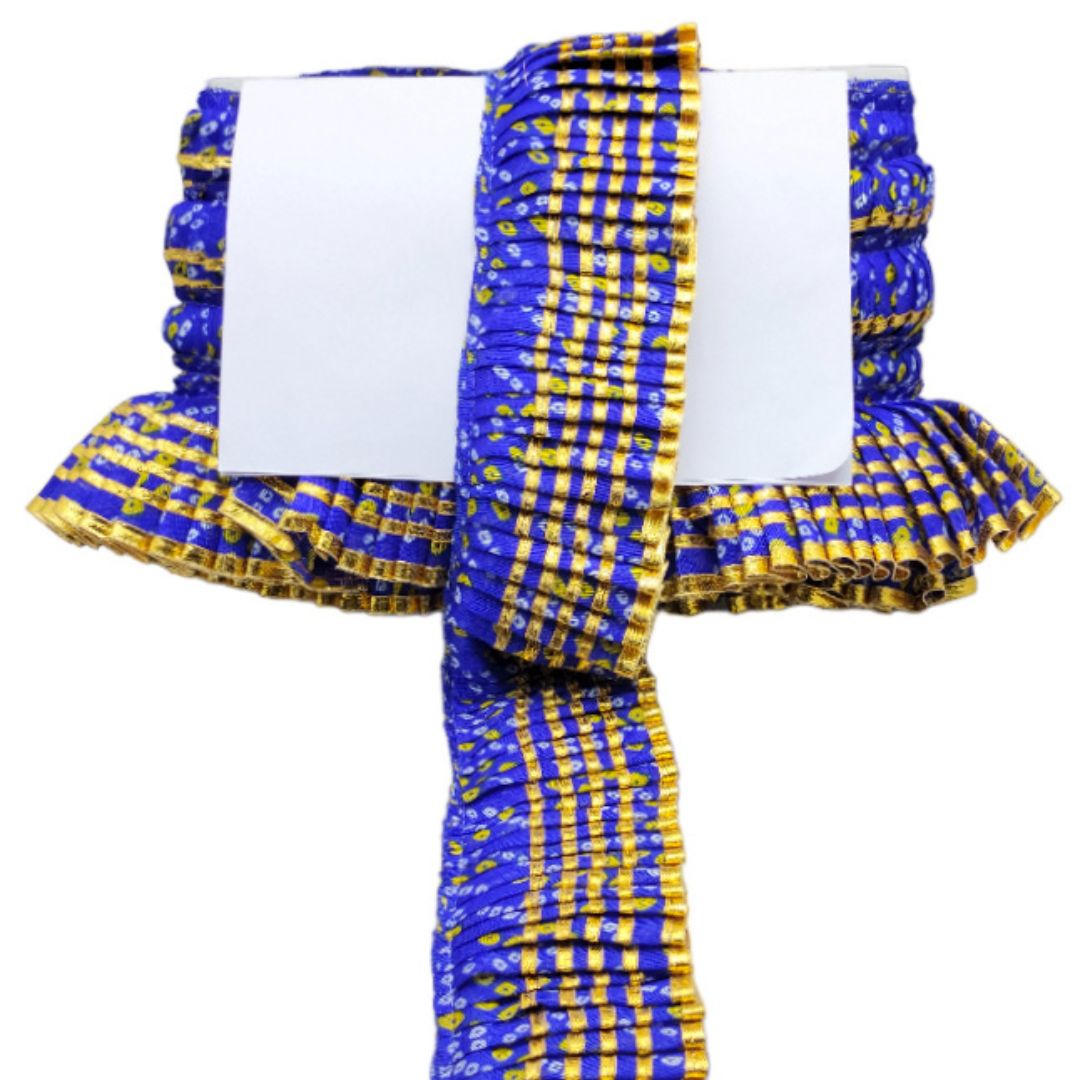 Royal Blue patterned fabric with a white card on a white background