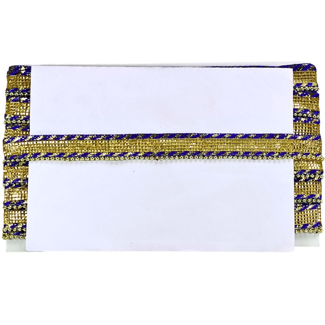 White pouch with gold and blue decorative border on a white background