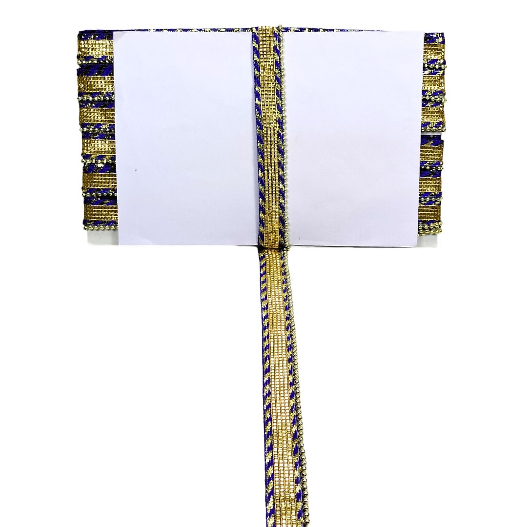Decorative ribbon with gold and blue pattern on a white background