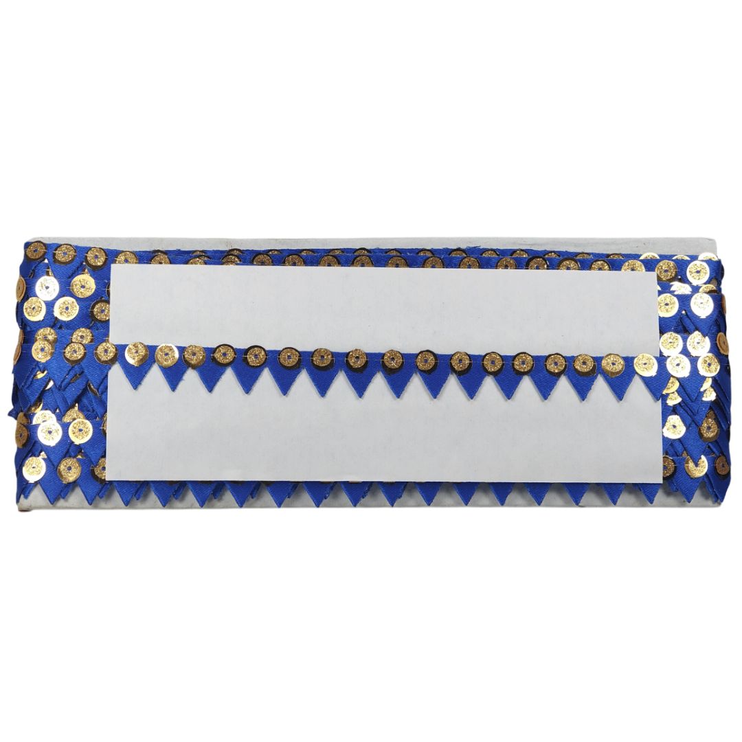 Blue clutch bag with gold sequins on a white background