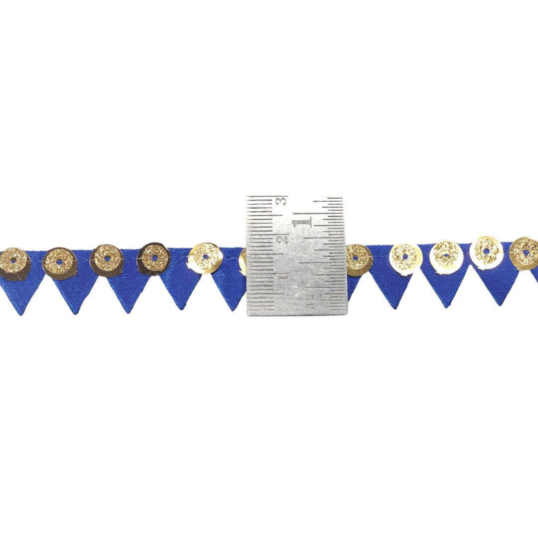 Decorative banner with blue triangles and gold circular designs on a white background
