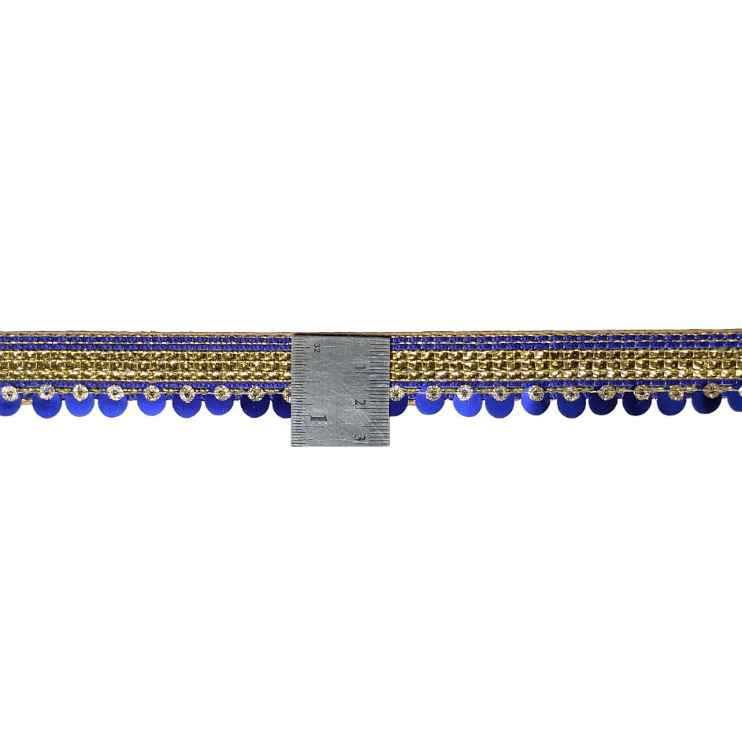 Decorative trim with blue and gold pattern on a white background