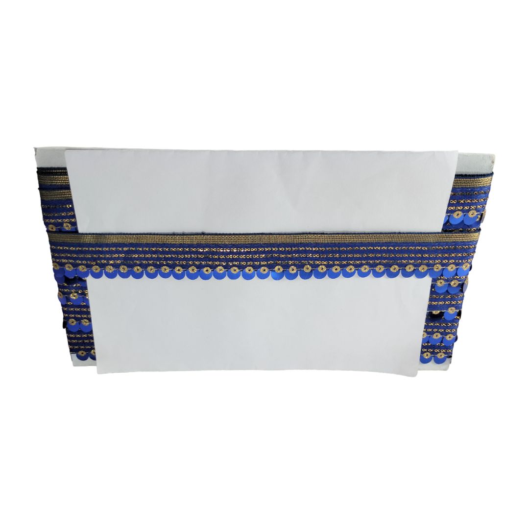 White pouch with blue and gold patterned border on a white background