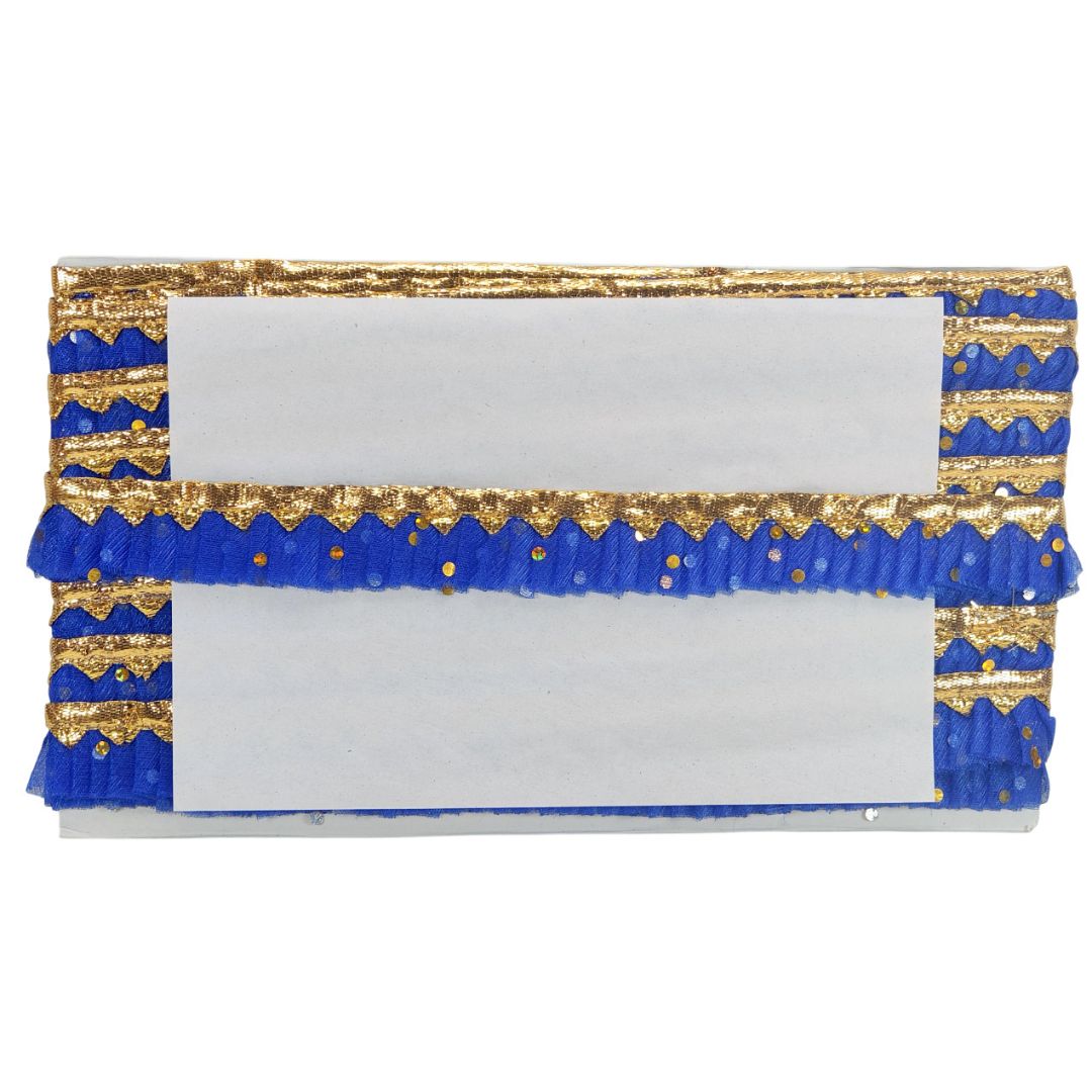 Clutch bag with blue and gold trim on a white background